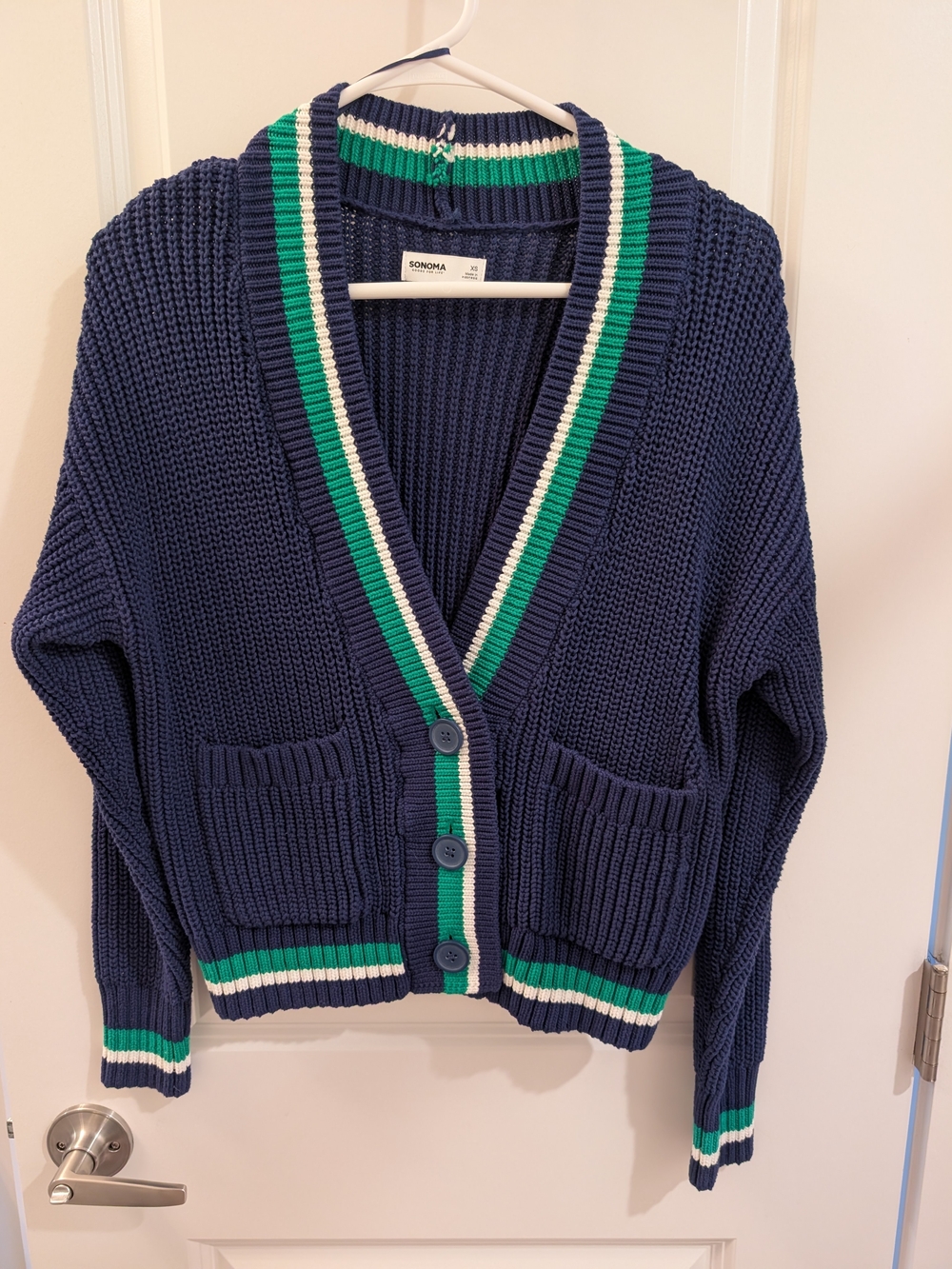 Women's Heavy Sonoma Blue V-Neck Button Cardigan with Green & White Trim